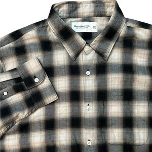 Abercrombie & Fitch Men's Soft AF Relaxed Plaid Button Up Shirt XXL Black &‎ Tan